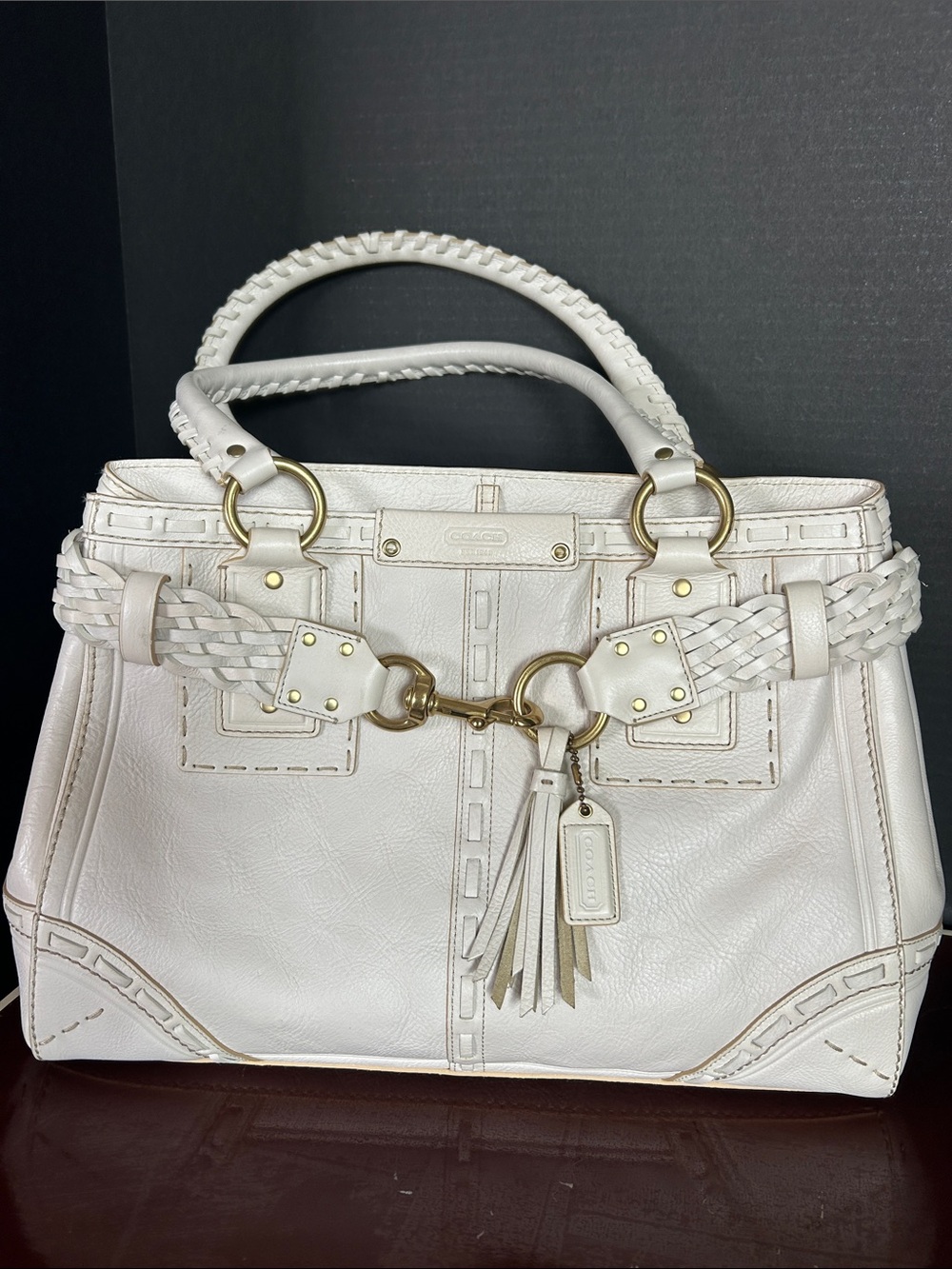 Coach White Braided-Handle Satchel with Tassel